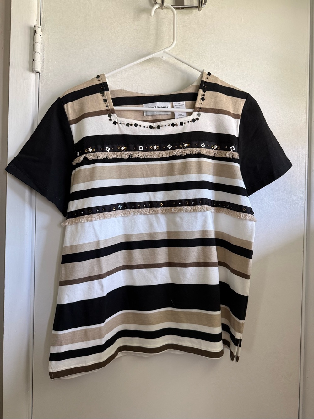 Alfred Dunner Striped Embellished Short Sleeve Square Neck Top, Medium Petite